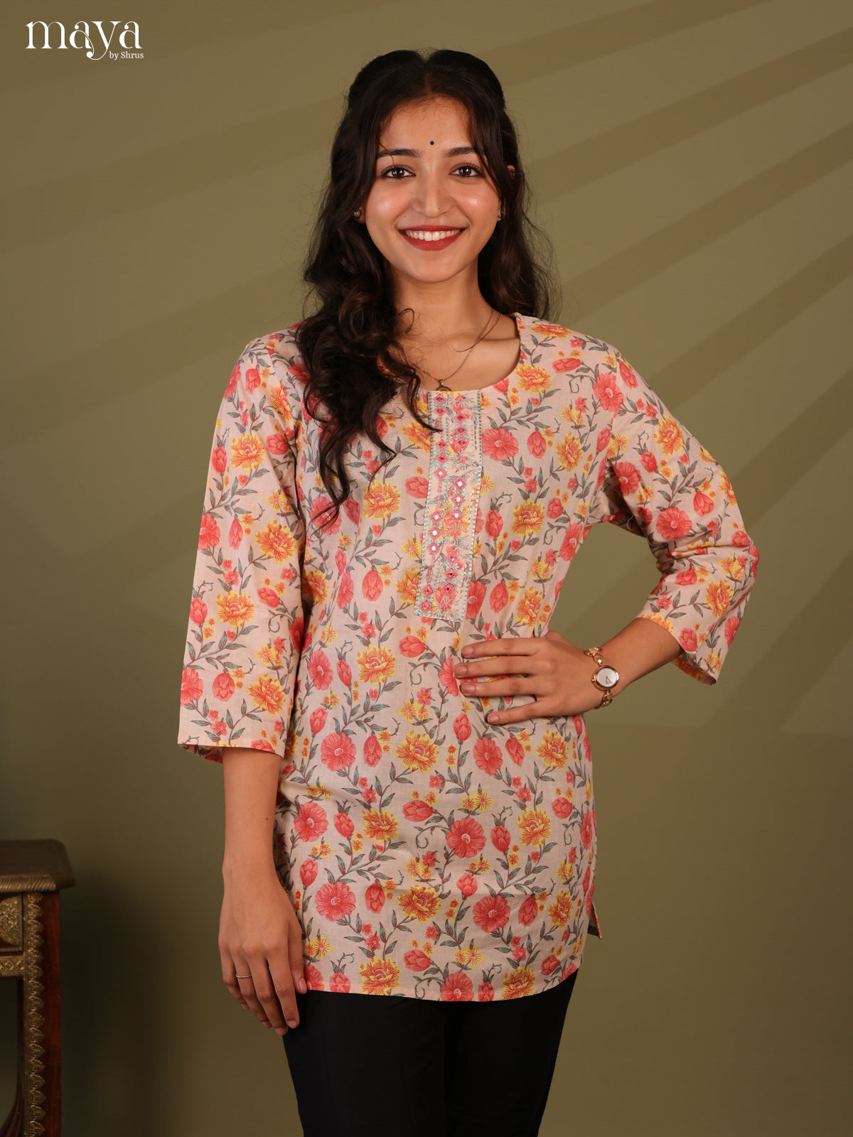 Floral Printed Mauve Cotton Short Kurti
