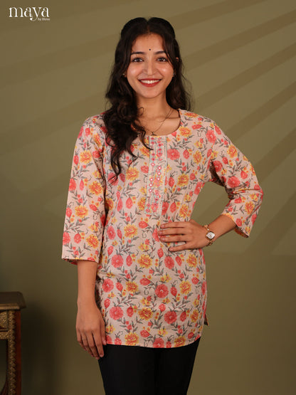 Floral Printed Mauve Cotton Short Kurti