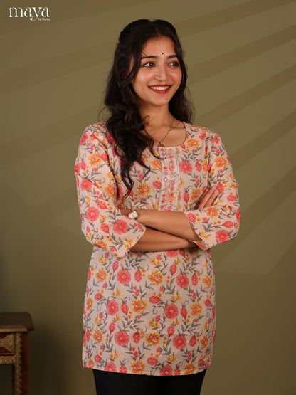 Floral Printed Mauve Cotton Short Kurti