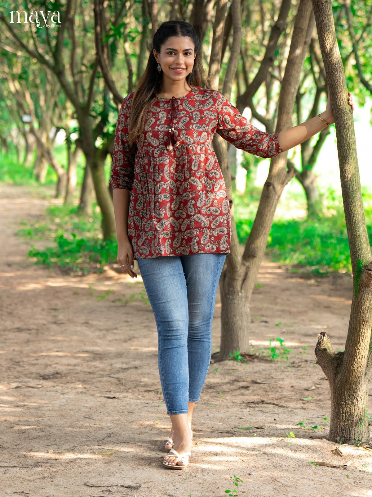Ajrakh Printed Maroon Cotton Short Kurti