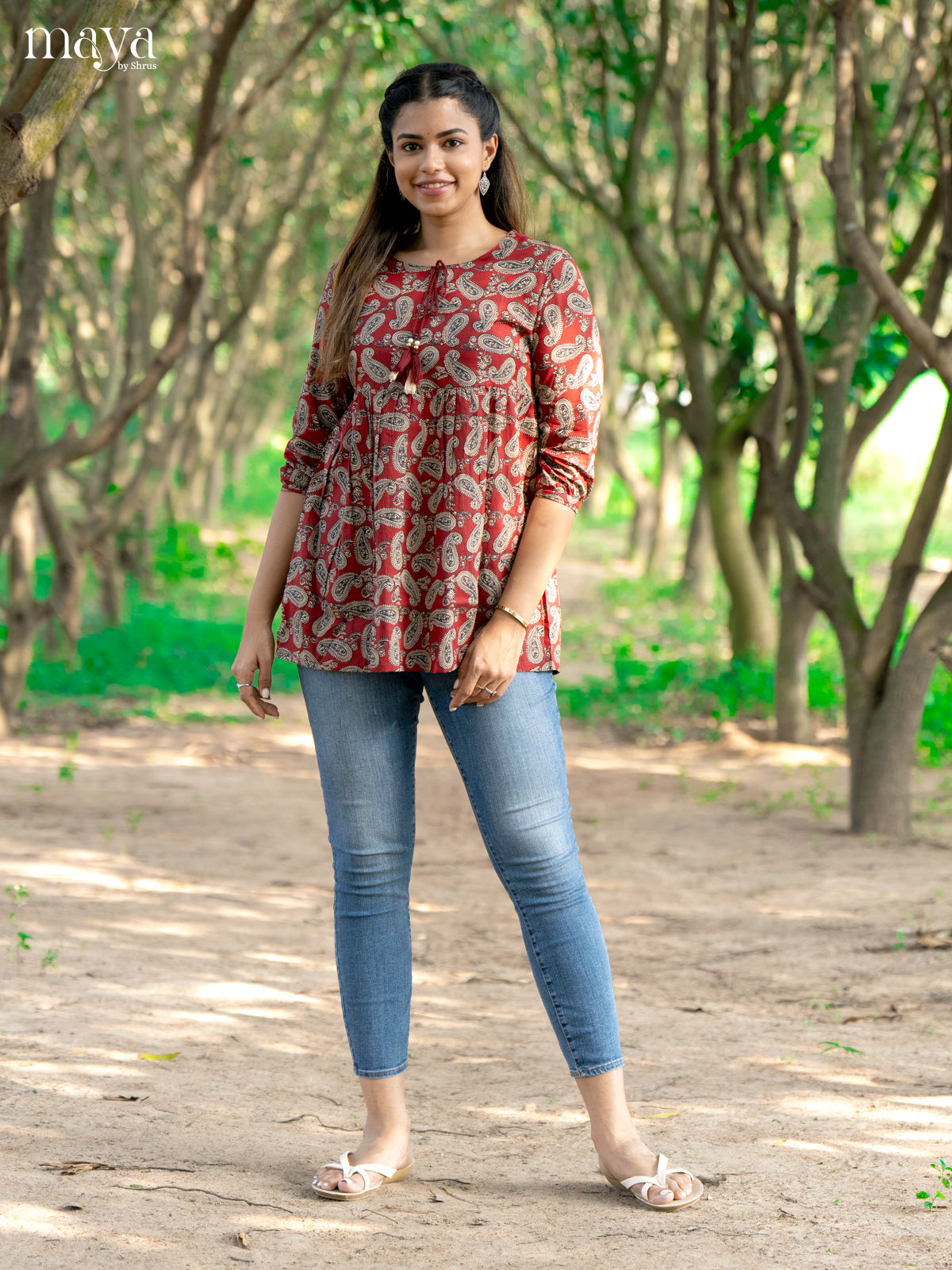 Ajrakh Printed Maroon Cotton Short Kurti