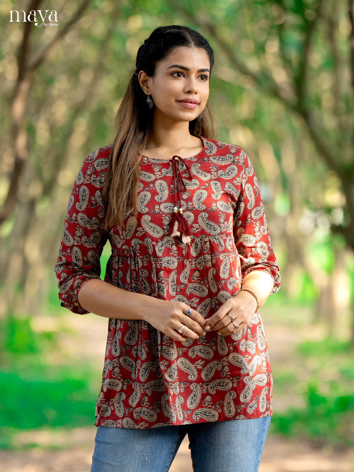 Ajrakh Printed Maroon Cotton Short Kurti