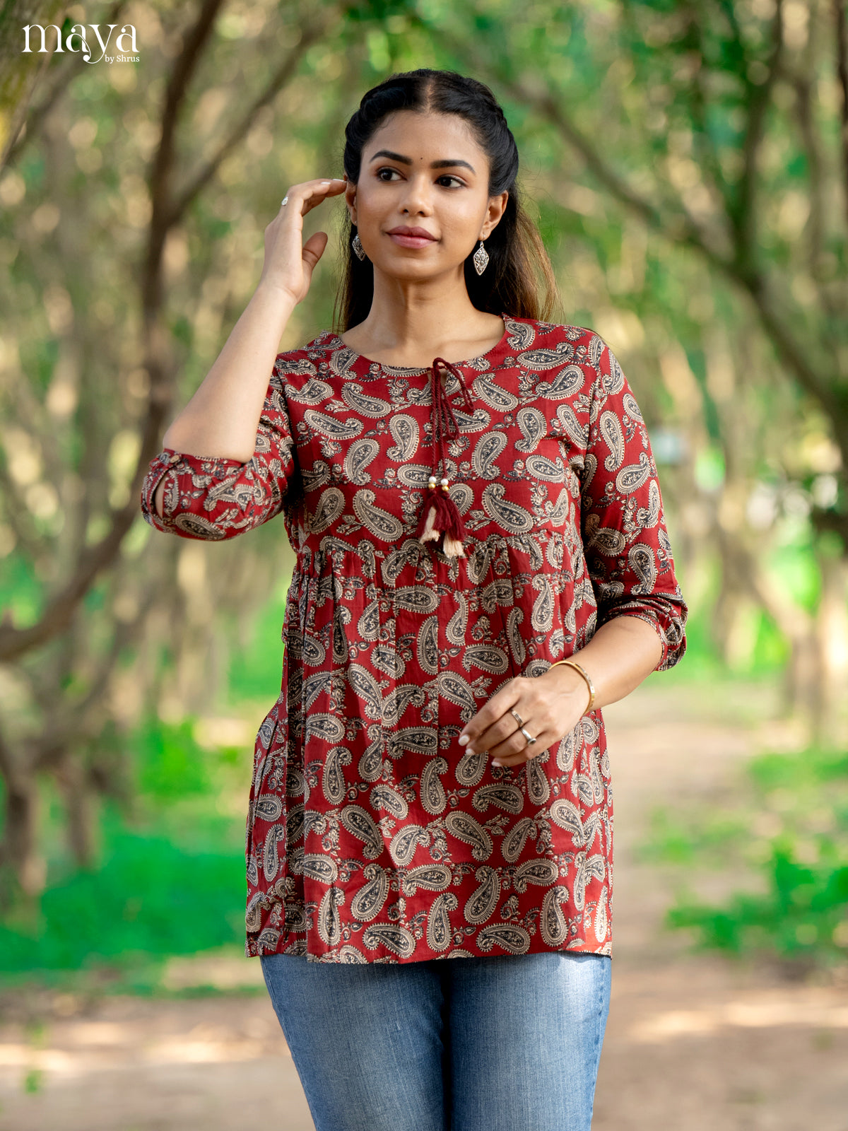 Ajrakh Printed Maroon Cotton Short Kurti
