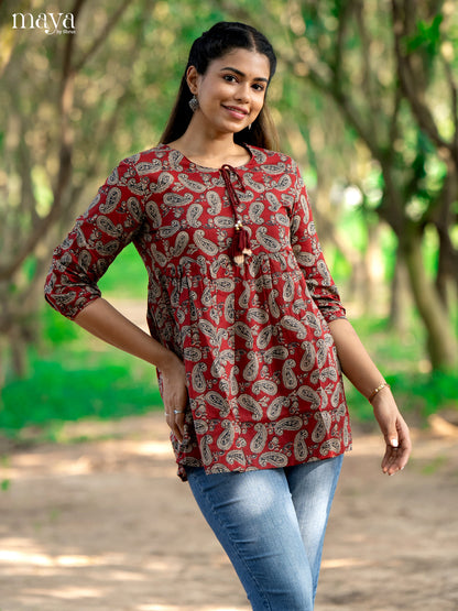 Ajrakh Printed Maroon Cotton Short Kurti
