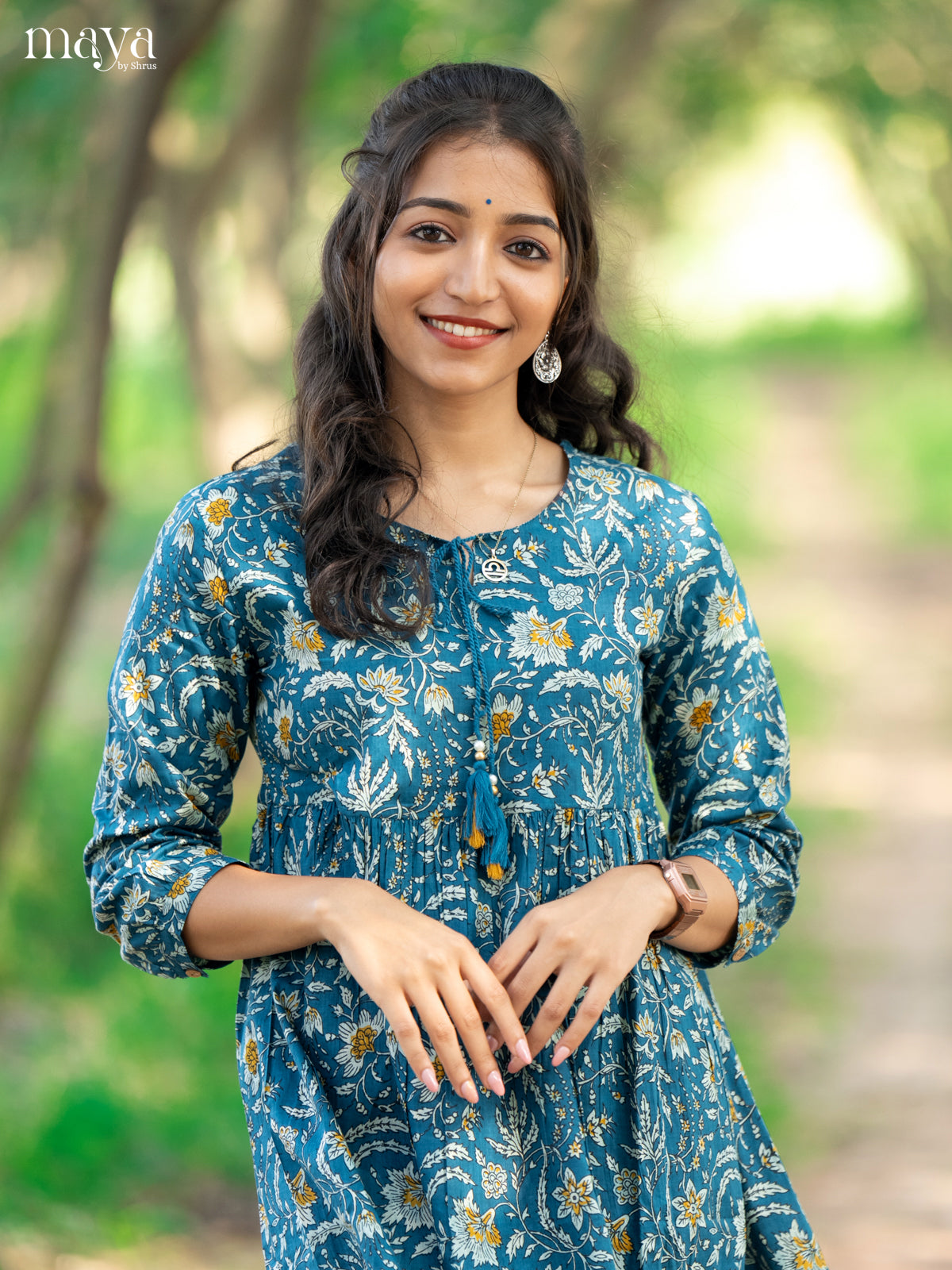 Floral Printed Blue Cotton Short Kurti