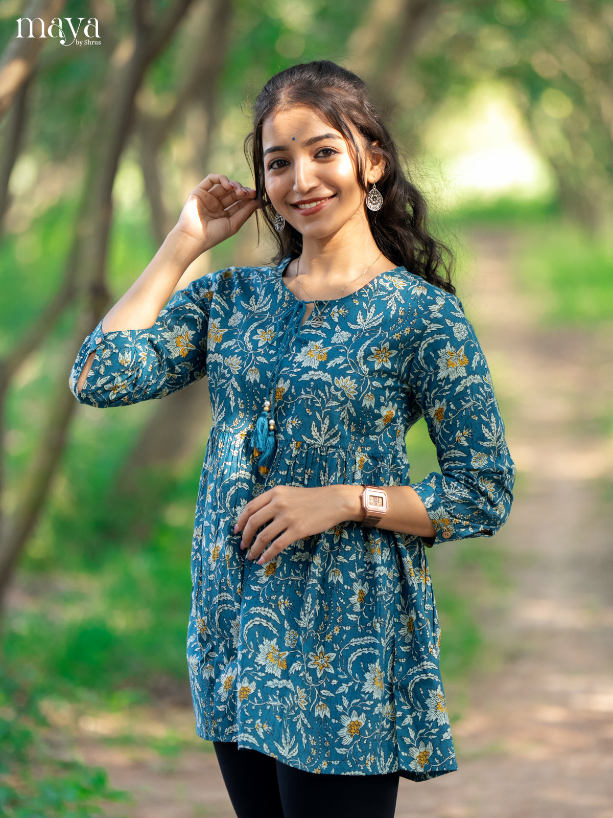 Floral Printed Blue Cotton Short Kurti
