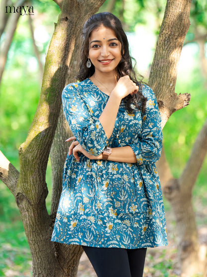Floral Printed Blue Cotton Short Kurti
