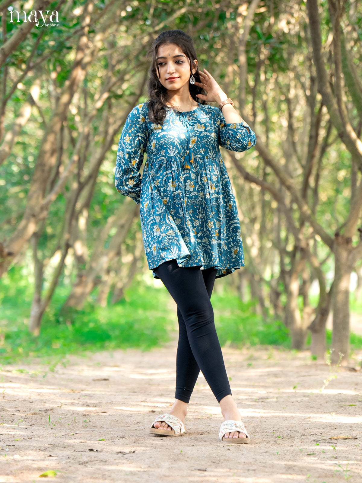 Floral Printed Blue Cotton Short Kurti