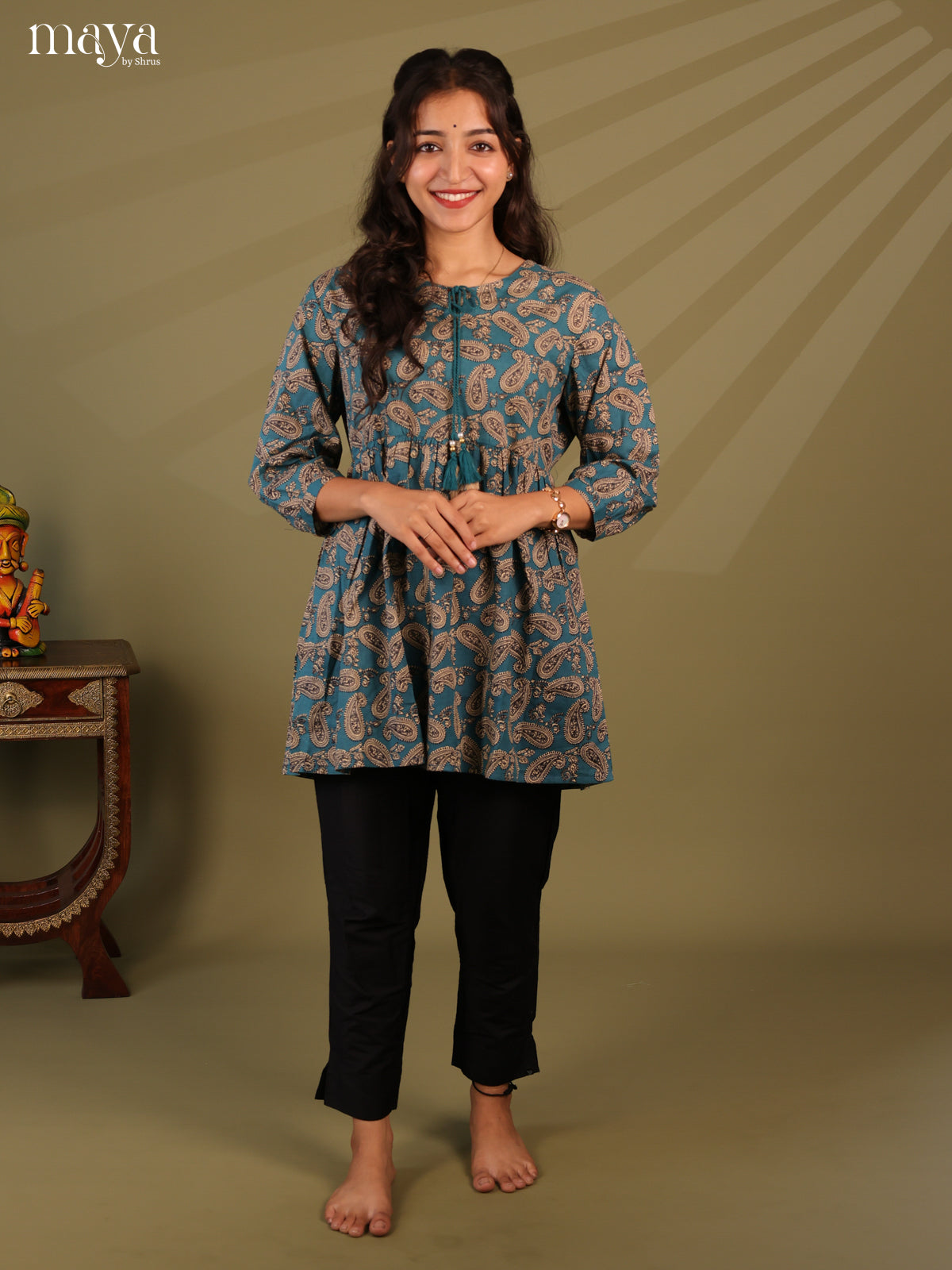 Ajrakh Printed Blue Cotton Short Kurti