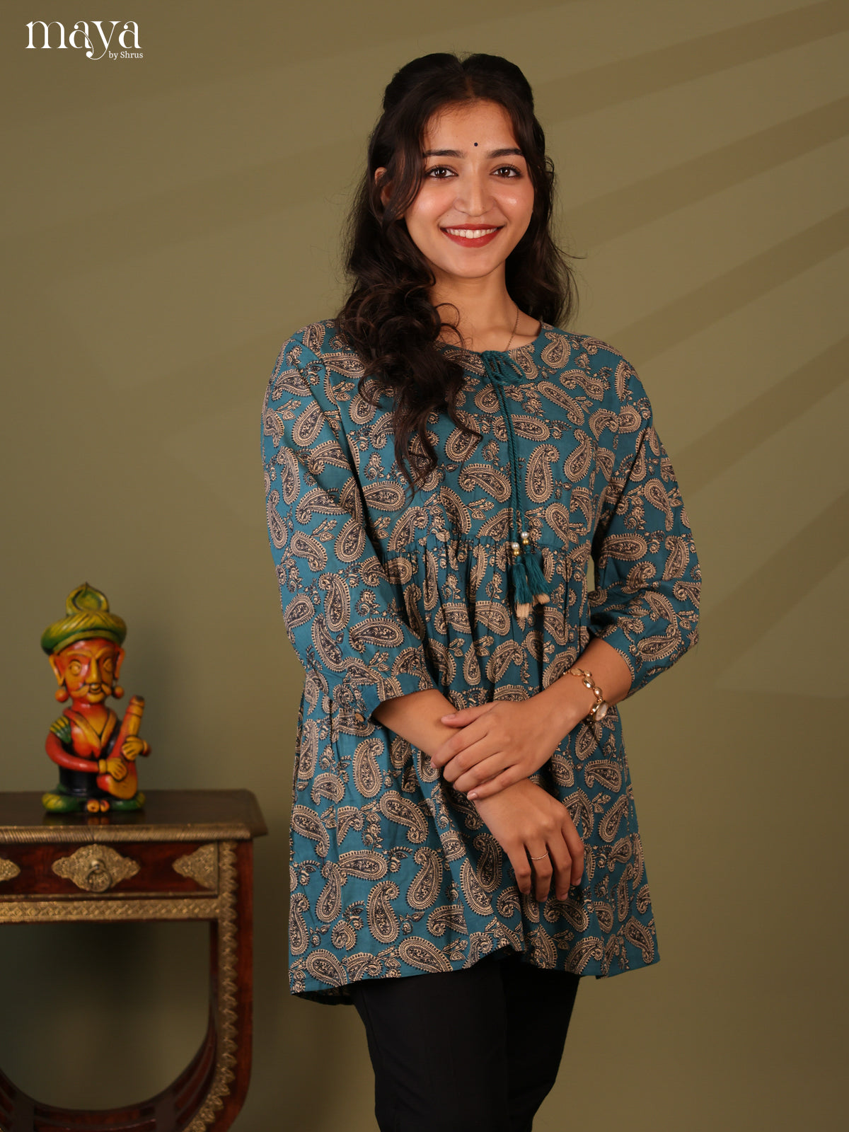 Ajrakh Printed Blue Cotton Short Kurti