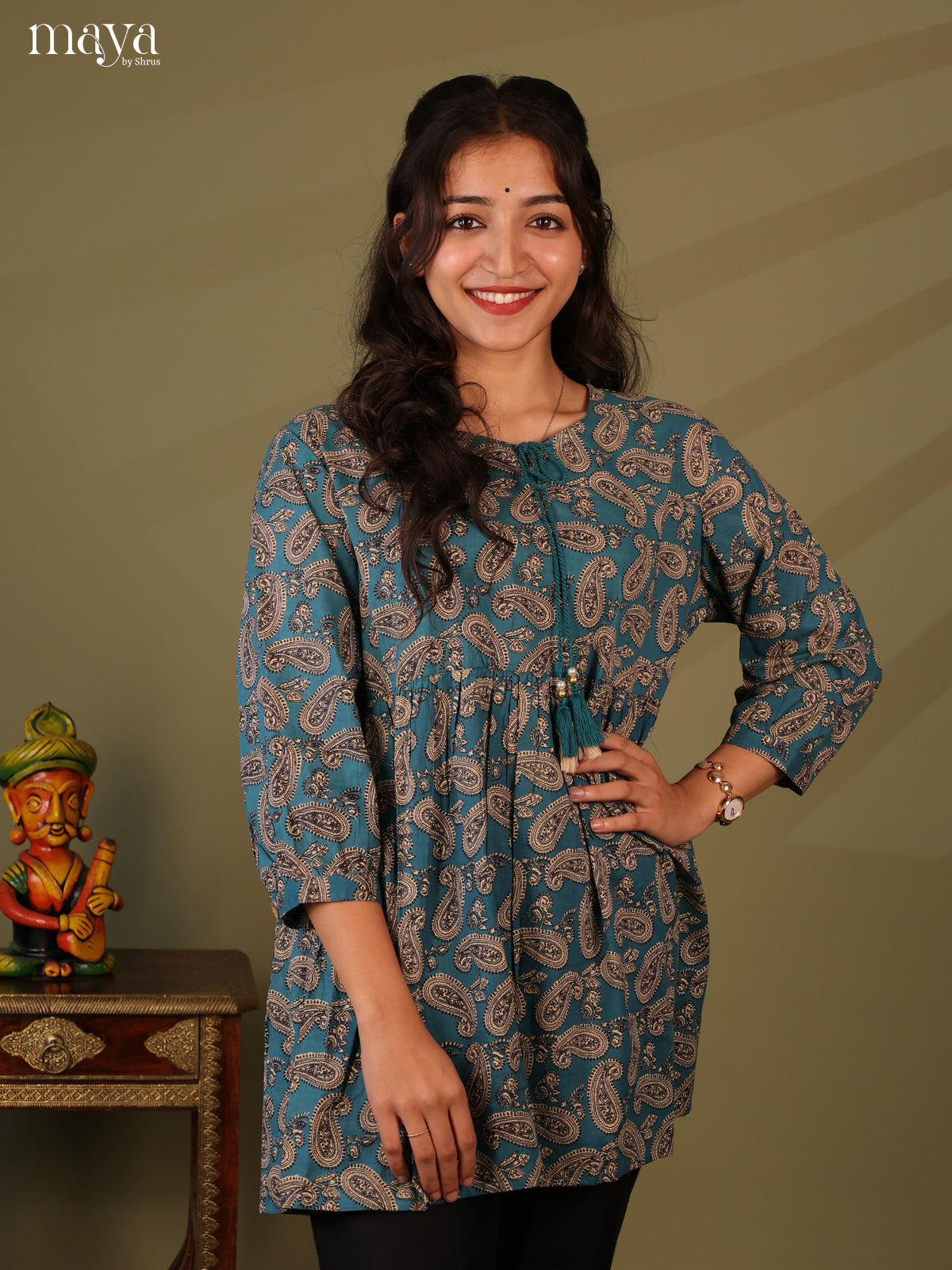 Ajrakh Printed Blue Cotton Short Kurti