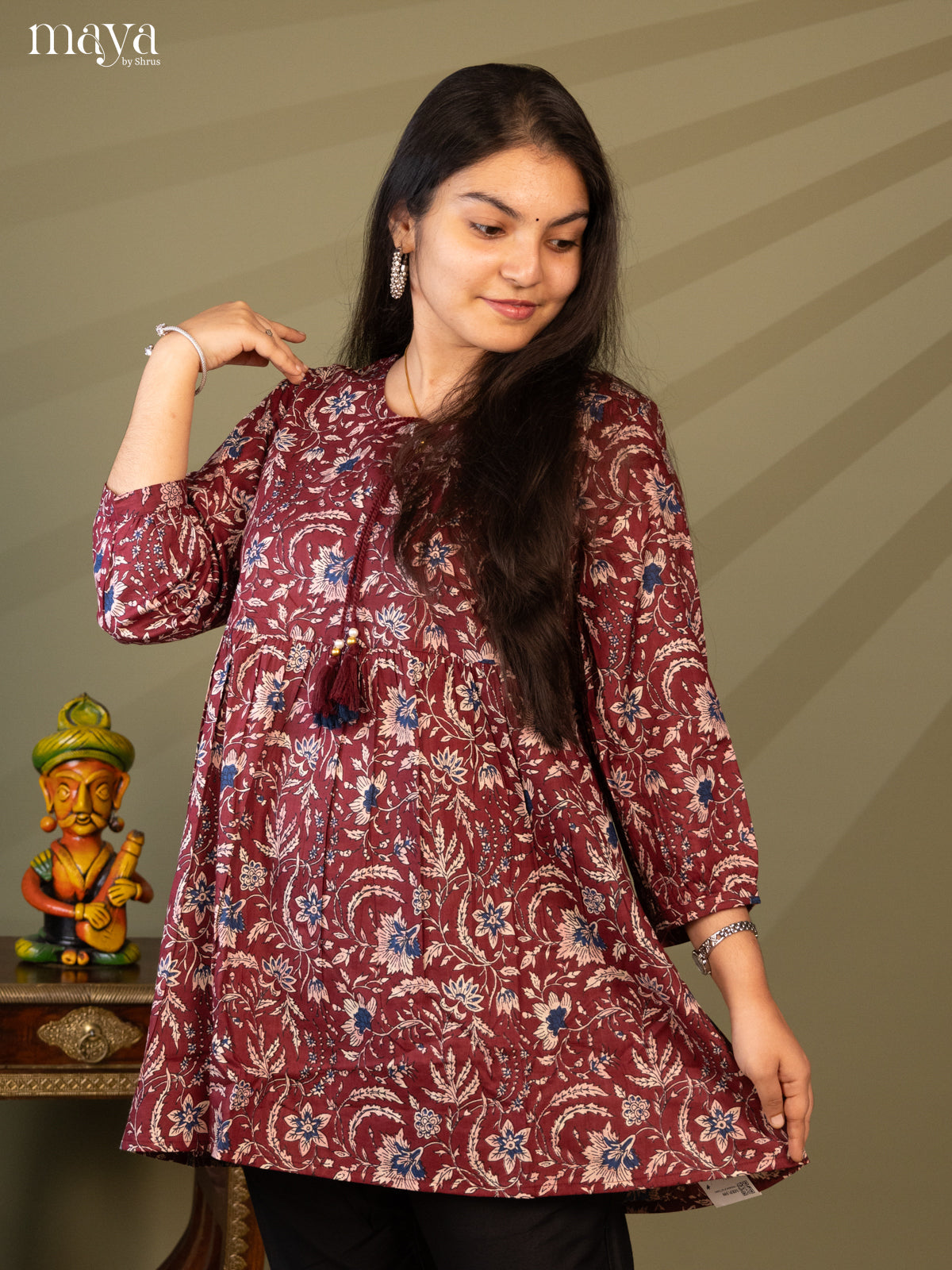 Floral Printed Maroon Cotton Short Kurti