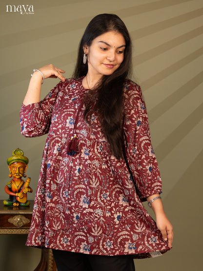 Floral Printed Maroon Cotton Short Kurti