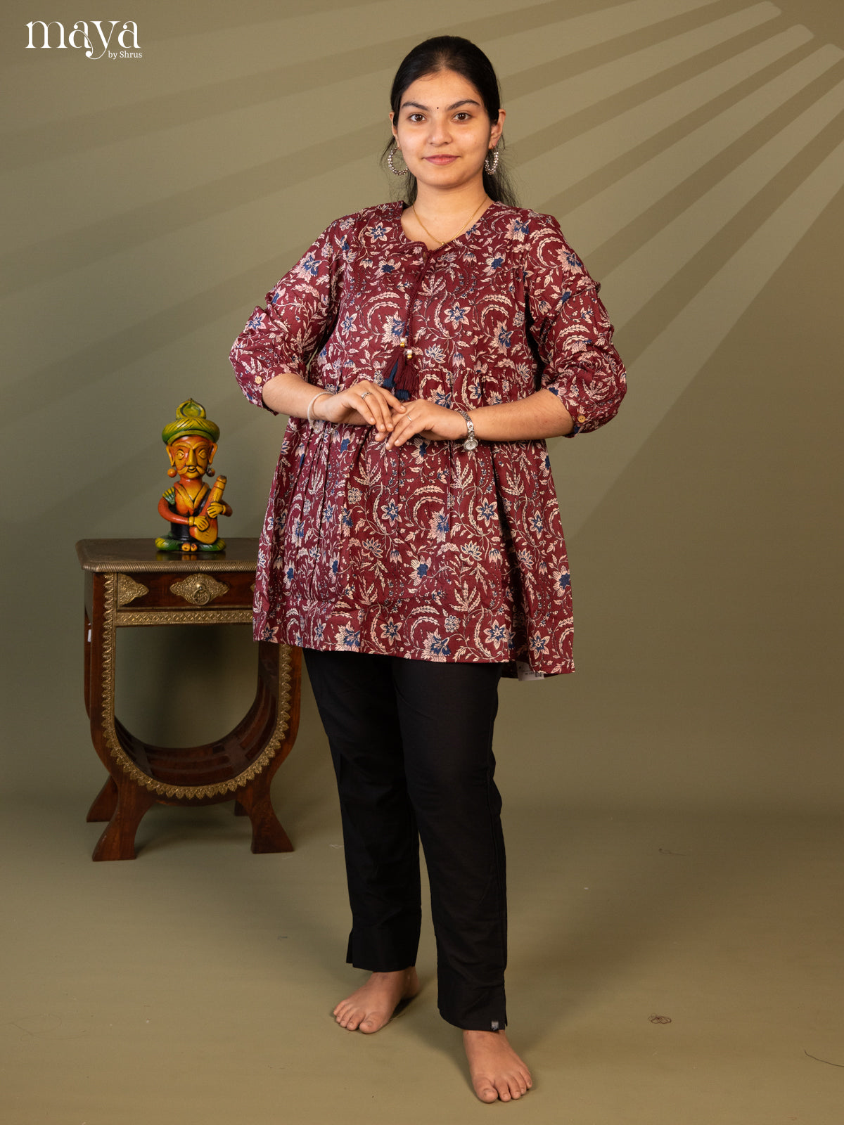 Floral Printed Maroon Cotton Short Kurti