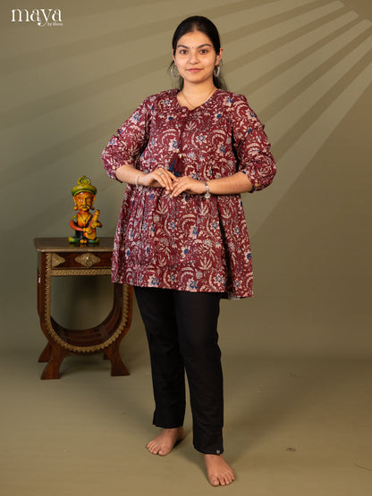 Floral Printed Maroon Cotton Short Kurti