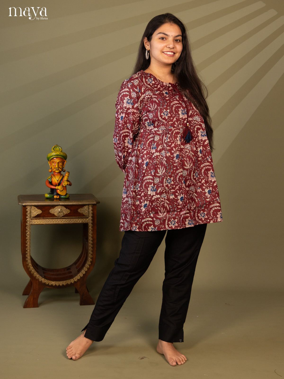 Floral Printed Maroon Cotton Short Kurti
