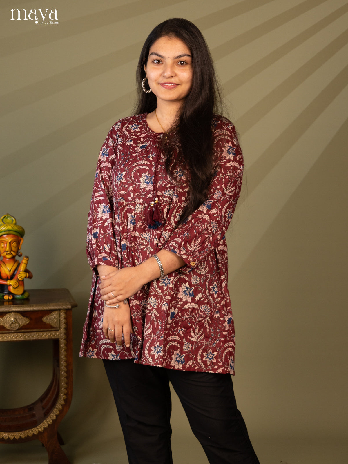 Floral Printed Maroon Cotton Short Kurti