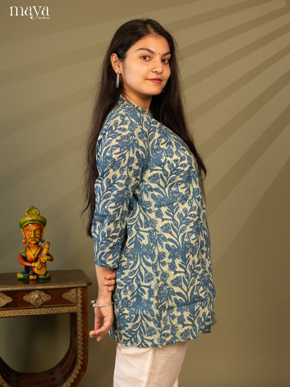 Floral Printed Blue Cotton Short Kurti
