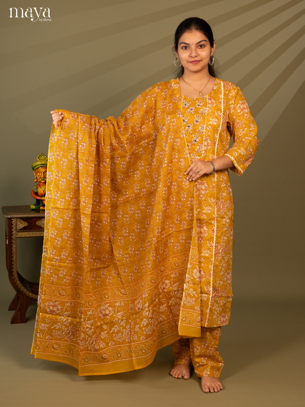 Yellow Cotton 3Pc Salwar Suit with Floral Print - Top, Bottom & Dupatta