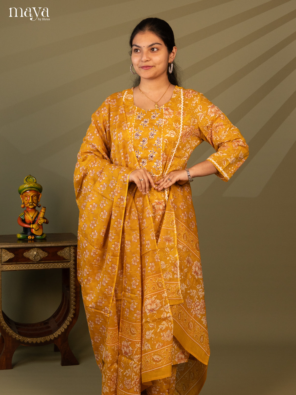 Yellow Cotton 3Pc Salwar Suit with Floral Print - Top, Bottom & Dupatta
