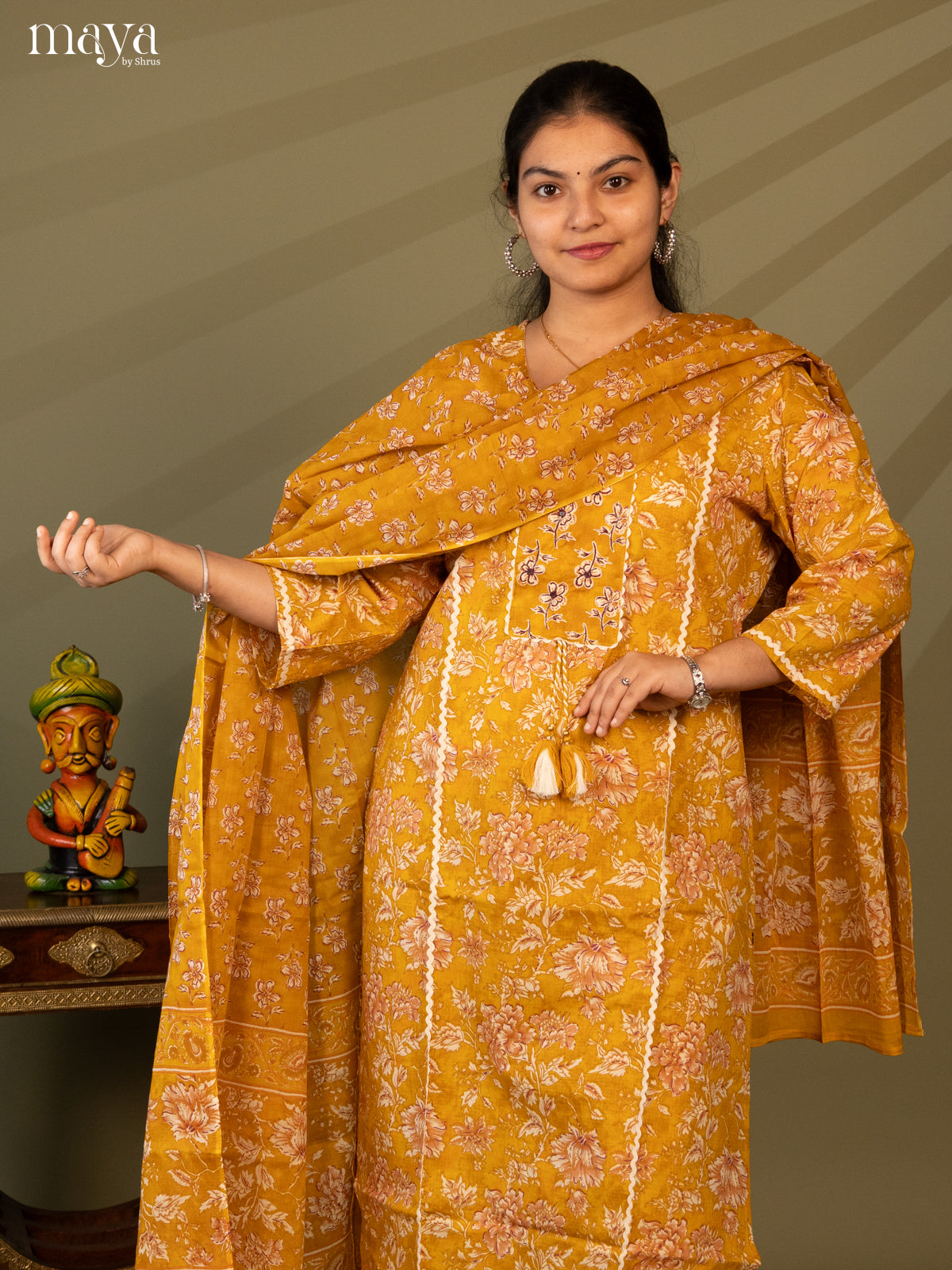 Yellow Cotton 3Pc Salwar Suit with Floral Print - Top, Bottom & Dupatta