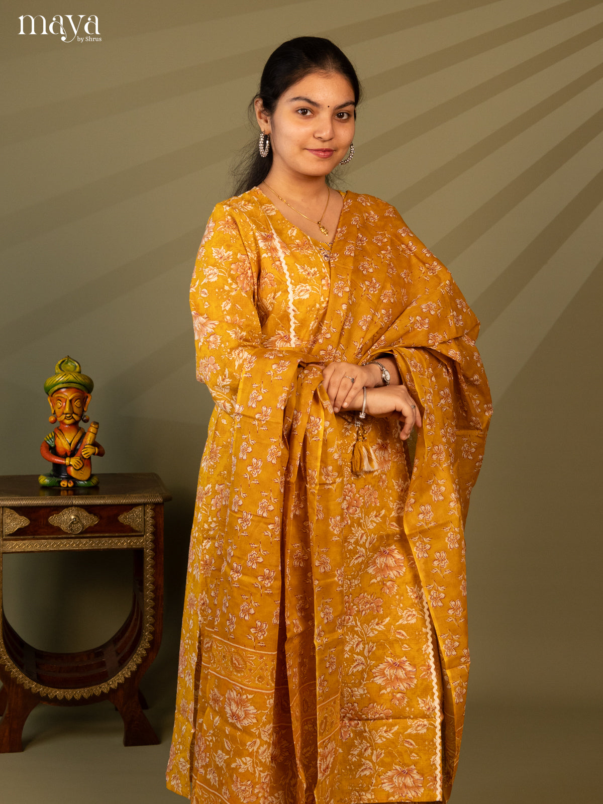 Yellow Cotton 3Pc Salwar Suit with Floral Print - Top, Bottom & Dupatta
