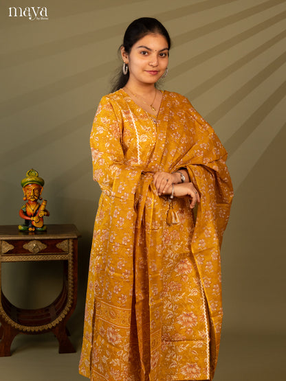 Yellow Cotton 3Pc Salwar Suit with Floral Print - Top, Bottom & Dupatta