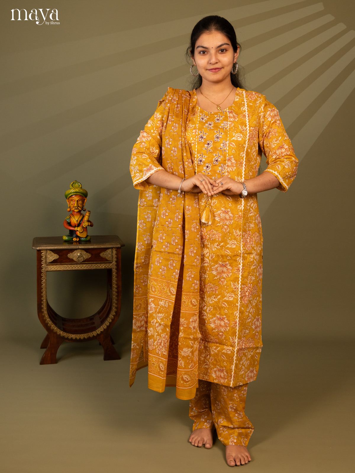 Yellow Cotton 3Pc Salwar Suit with Floral Print - Top, Bottom & Dupatta