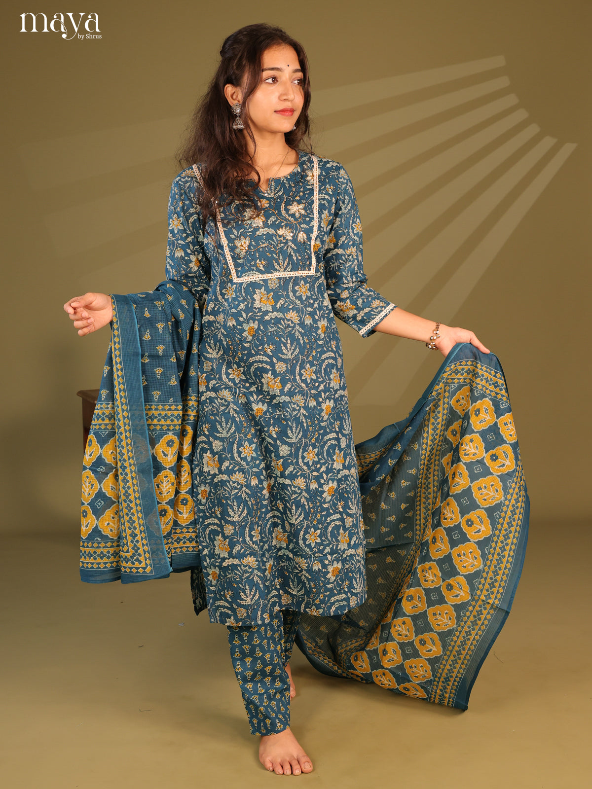 Blue Cotton 3Pc Salwar Suit with Floral Print - Top, Bottom & Dupatta