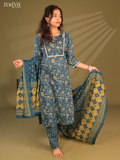 Blue Cotton 3Pc Salwar Suit with Floral Print - Top, Bottom & Dupatta