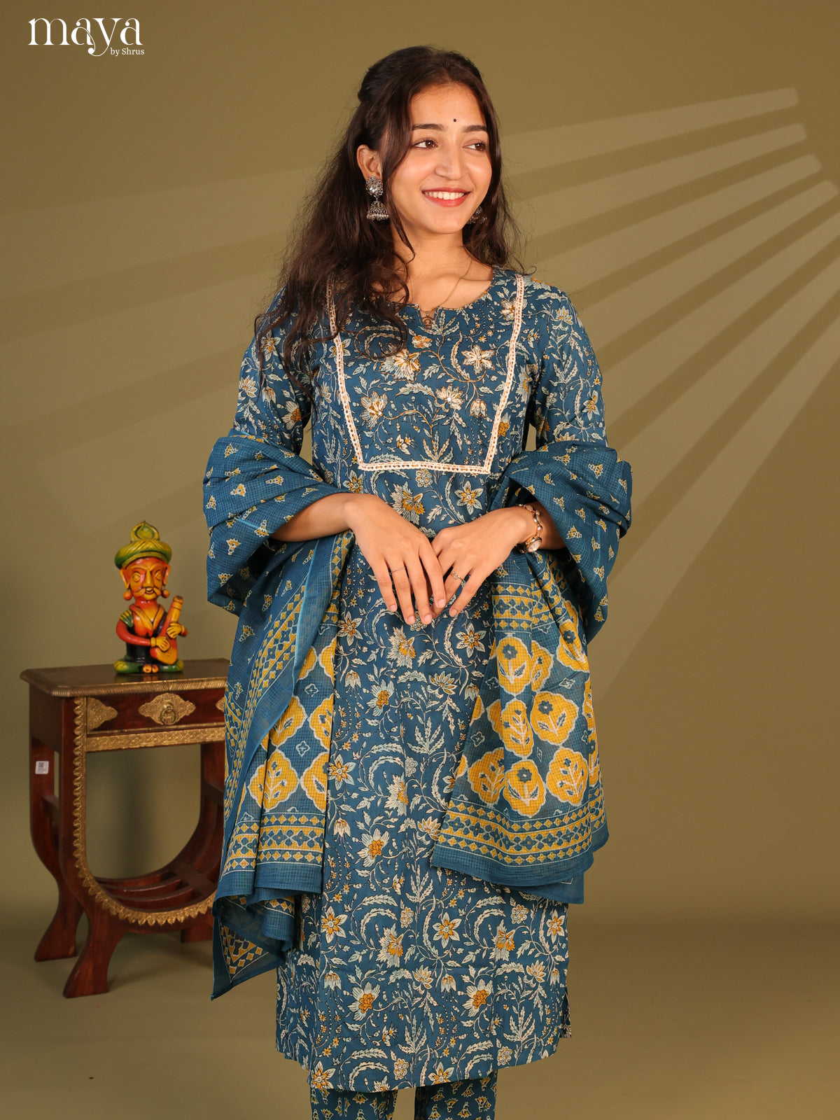 Blue Cotton 3Pc Salwar Suit with Floral Print - Top, Bottom & Dupatta