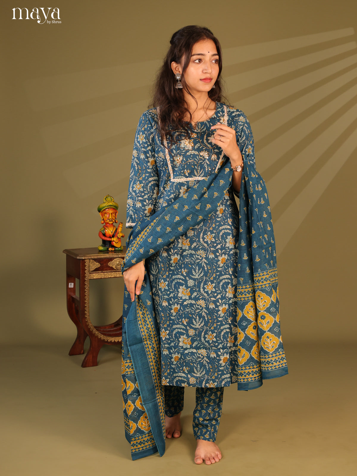 Blue Cotton 3Pc Salwar Suit with Floral Print - Top, Bottom & Dupatta