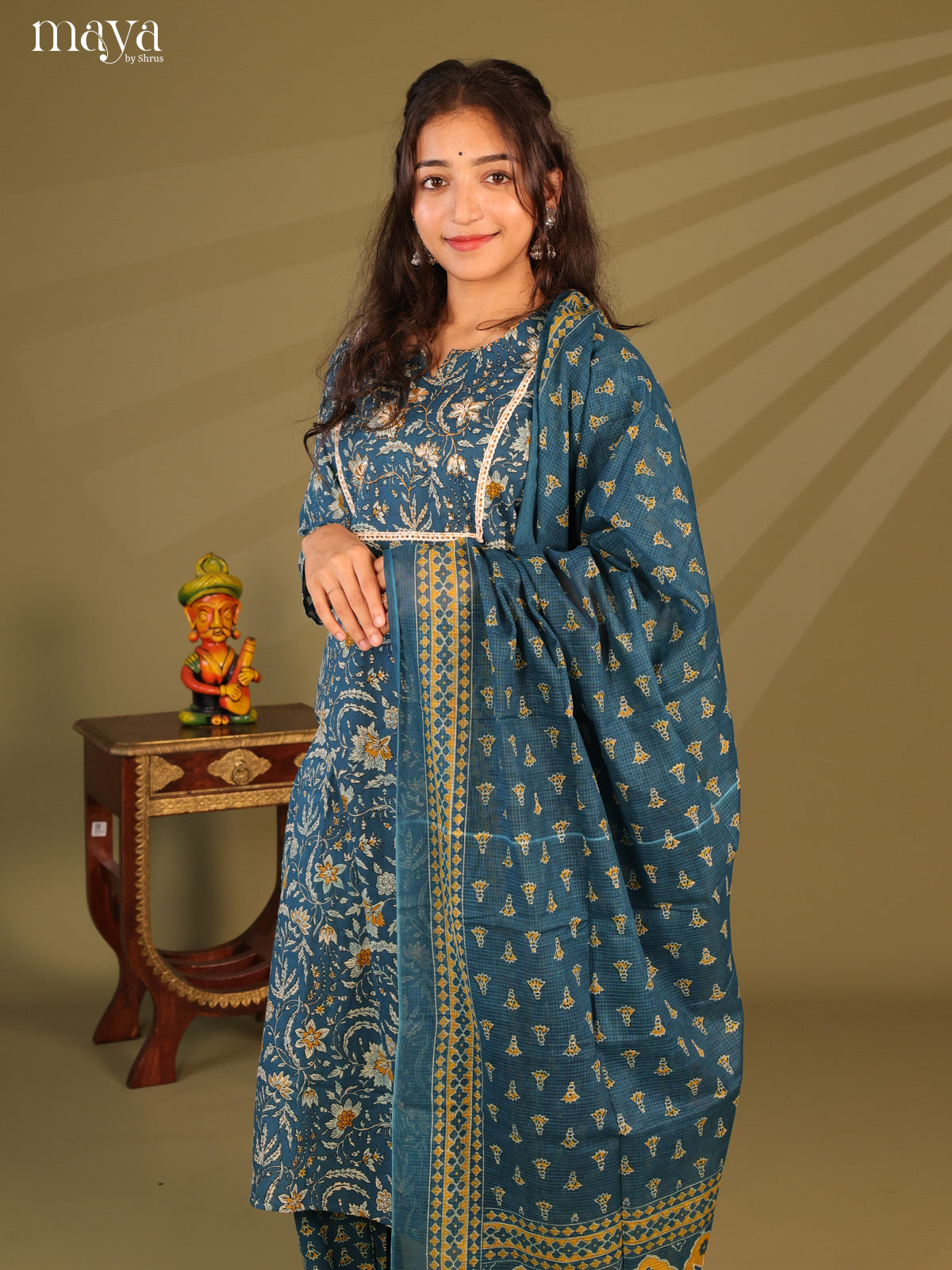 Blue Cotton 3Pc Salwar Suit with Floral Print - Top, Bottom & Dupatta