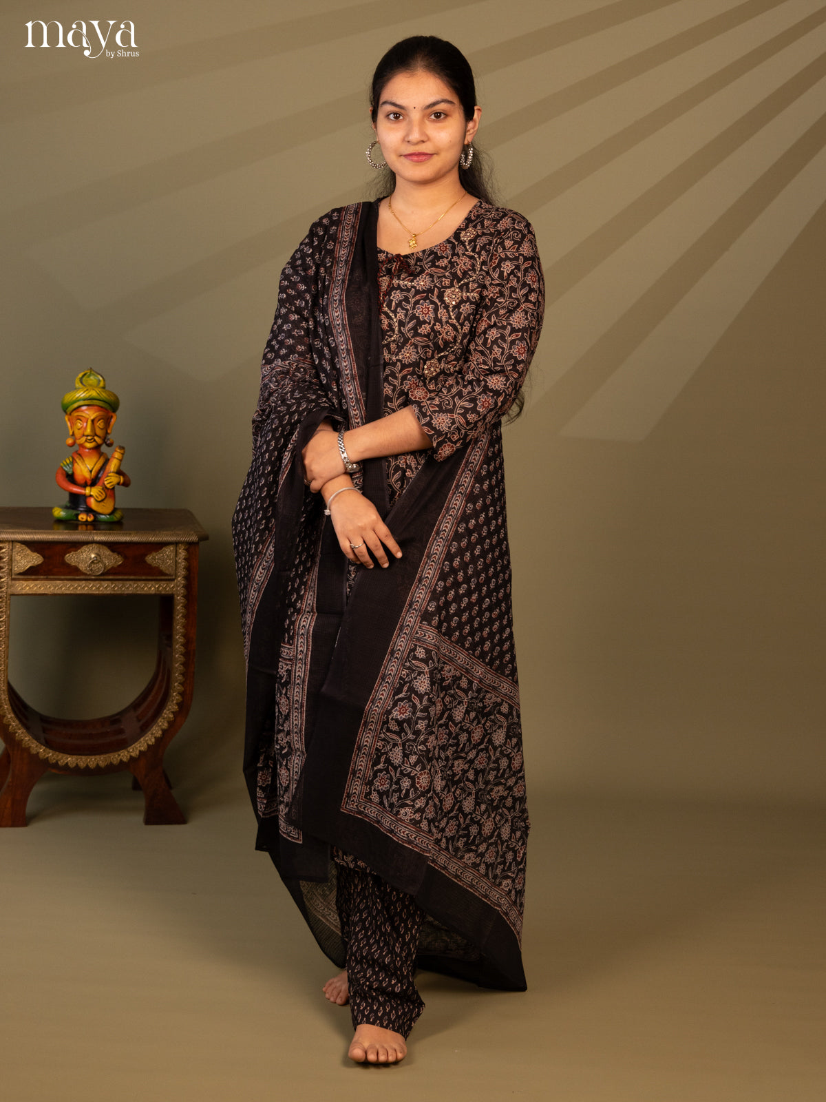 Black Cotton 3Pc Salwar Suit with Floral Print - Top, Bottom & Dupatta