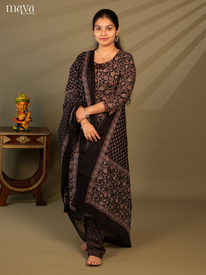 Black Cotton 3Pc Salwar Suit with Floral Print - Top, Bottom & Dupatta