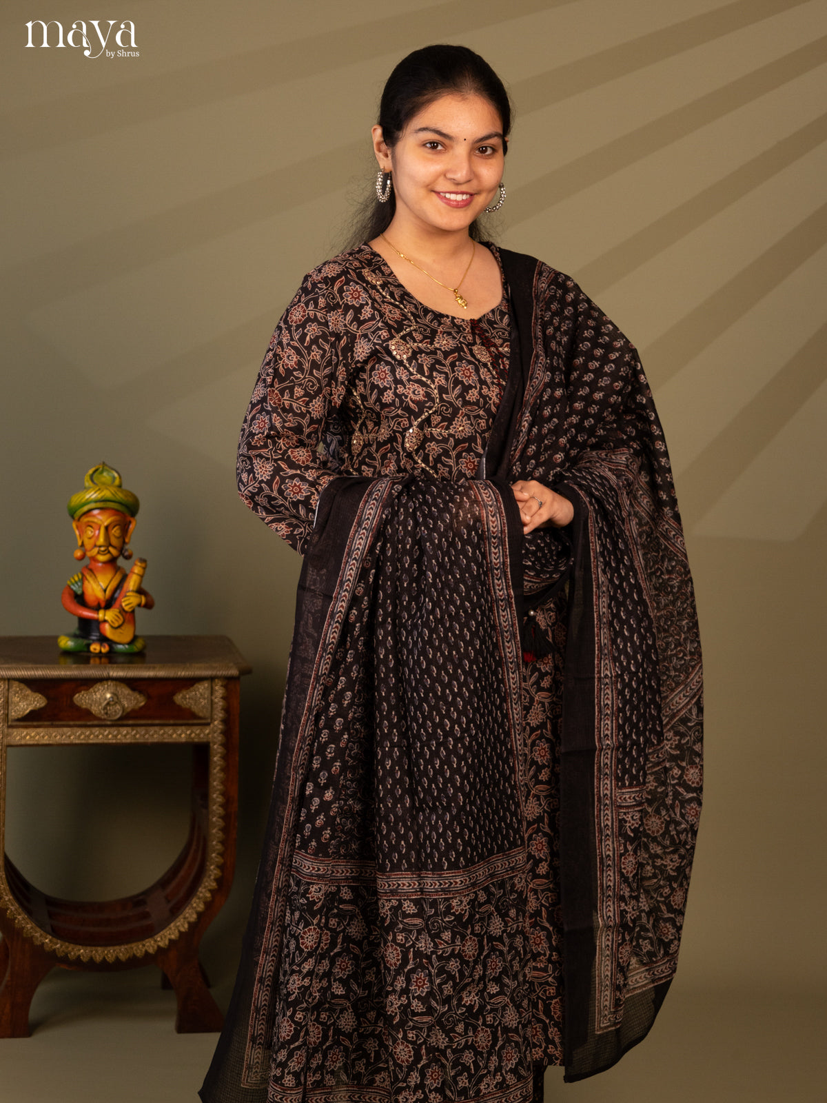 Black Cotton 3Pc Salwar Suit with Floral Print - Top, Bottom & Dupatta