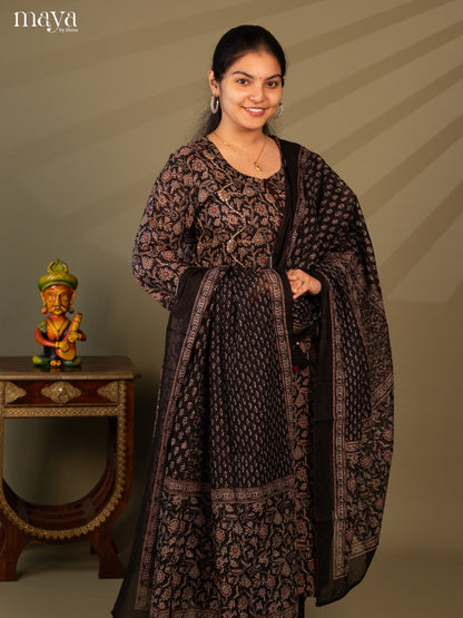 Black Cotton 3Pc Salwar Suit with Floral Print - Top, Bottom & Dupatta