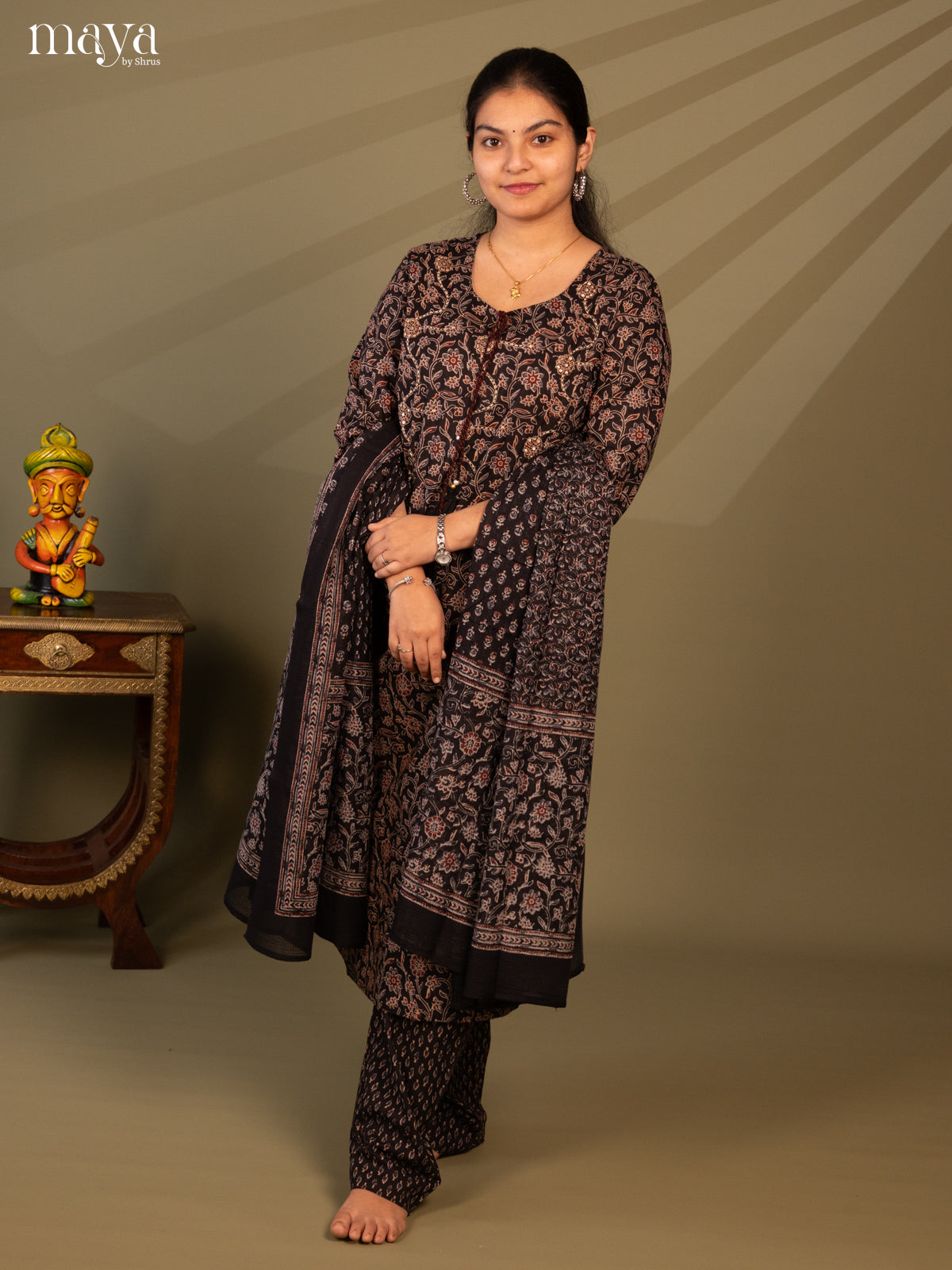 Black Cotton 3Pc Salwar Suit with Floral Print - Top, Bottom & Dupatta