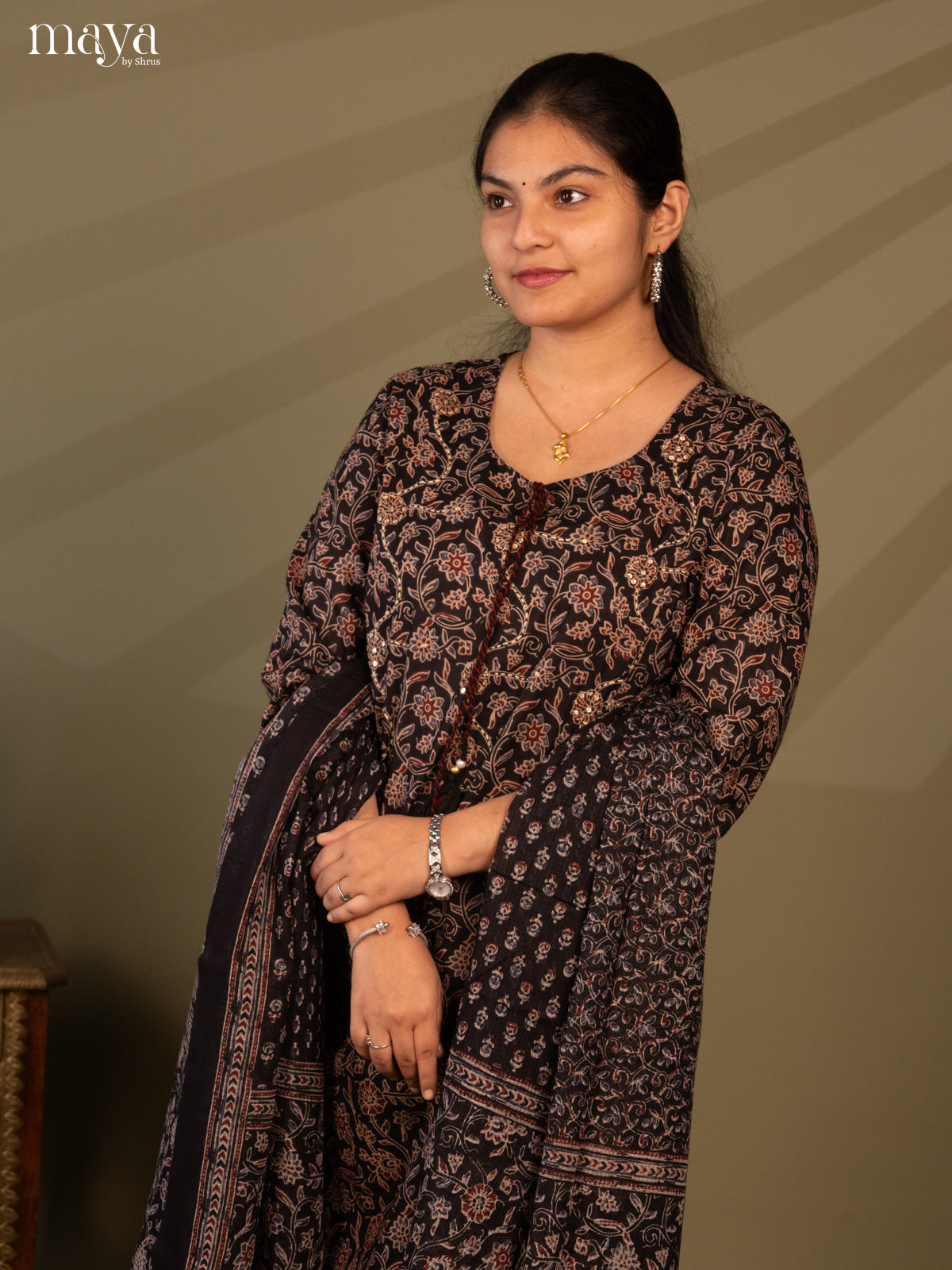 Black Cotton 3Pc Salwar Suit with Floral Print - Top, Bottom & Dupatta
