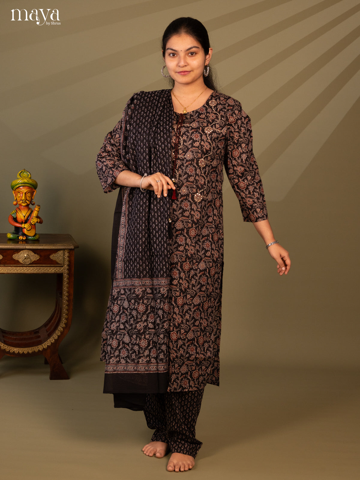 Black Cotton 3Pc Salwar Suit with Floral Print - Top, Bottom & Dupatta