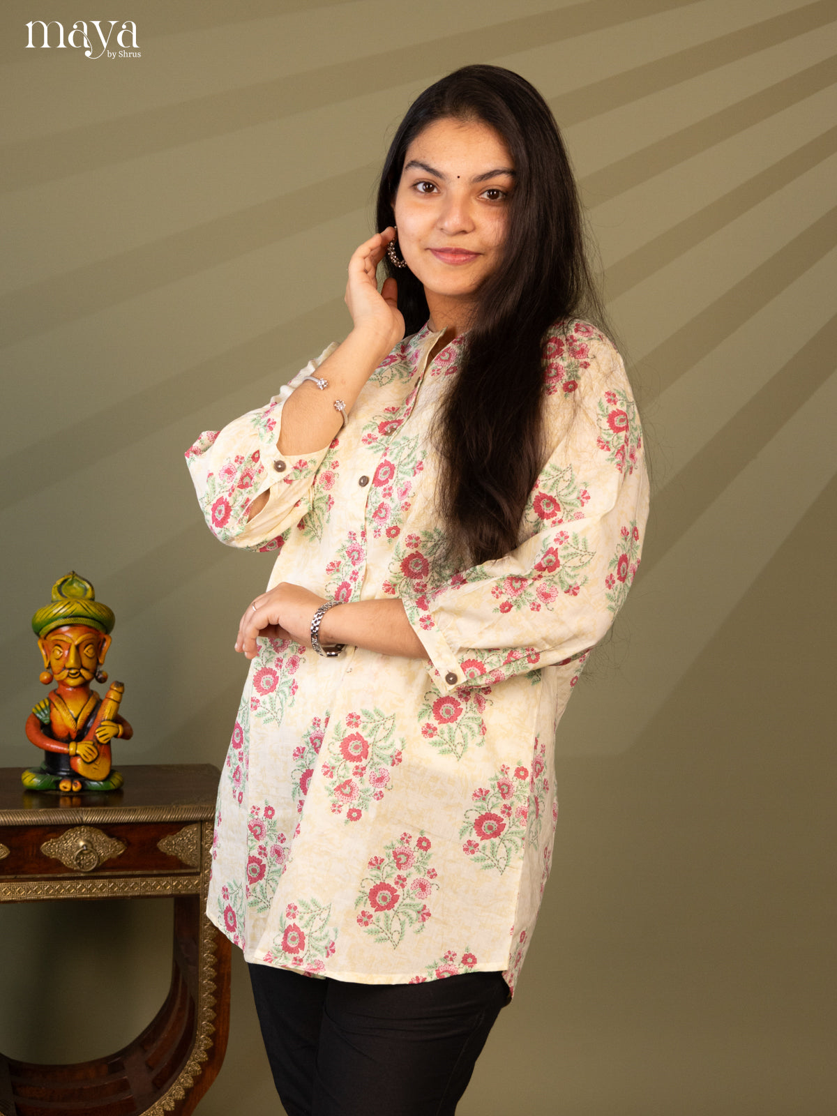 Floral Printed Cream Cotton Short Kurti