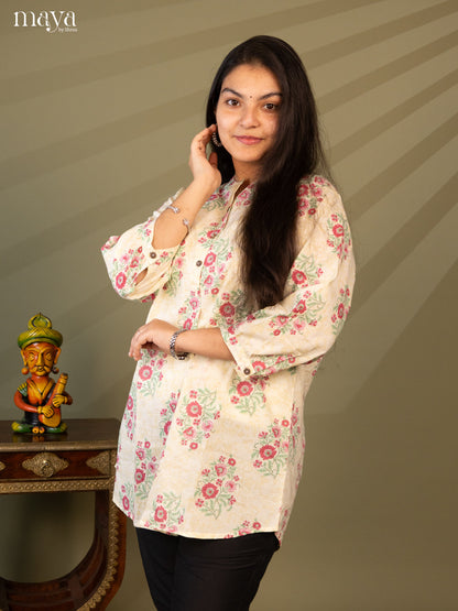 Floral Printed Cream Cotton Short Kurti