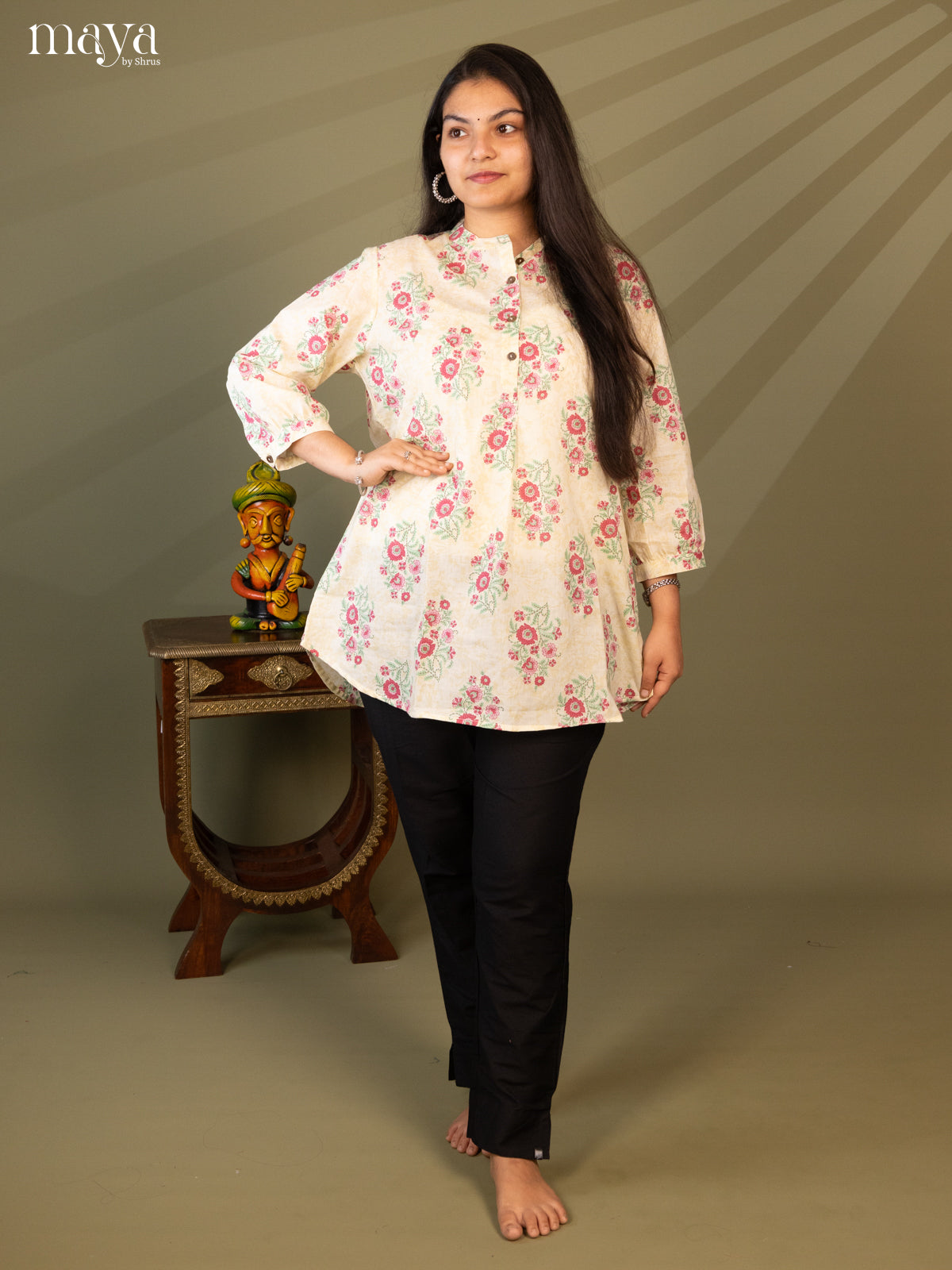 Floral Printed Cream Cotton Short Kurti