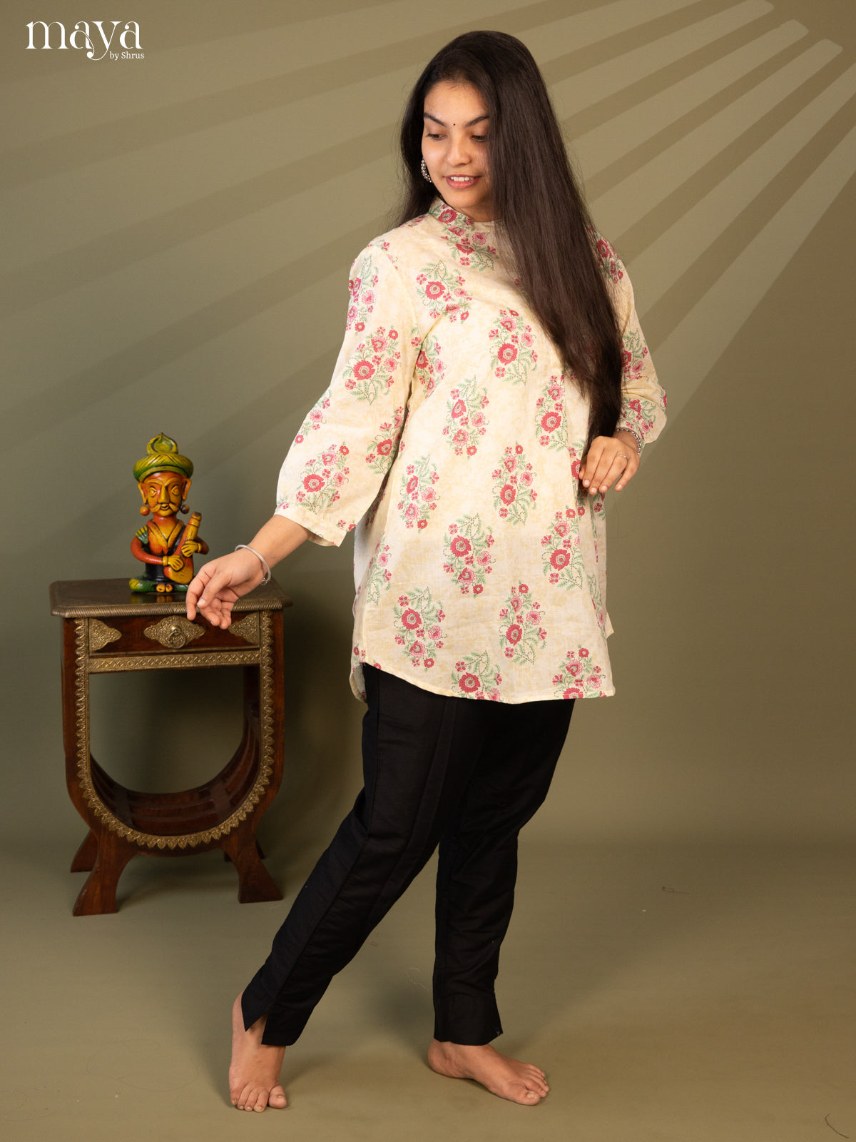 Floral Printed Cream Cotton Short Kurti