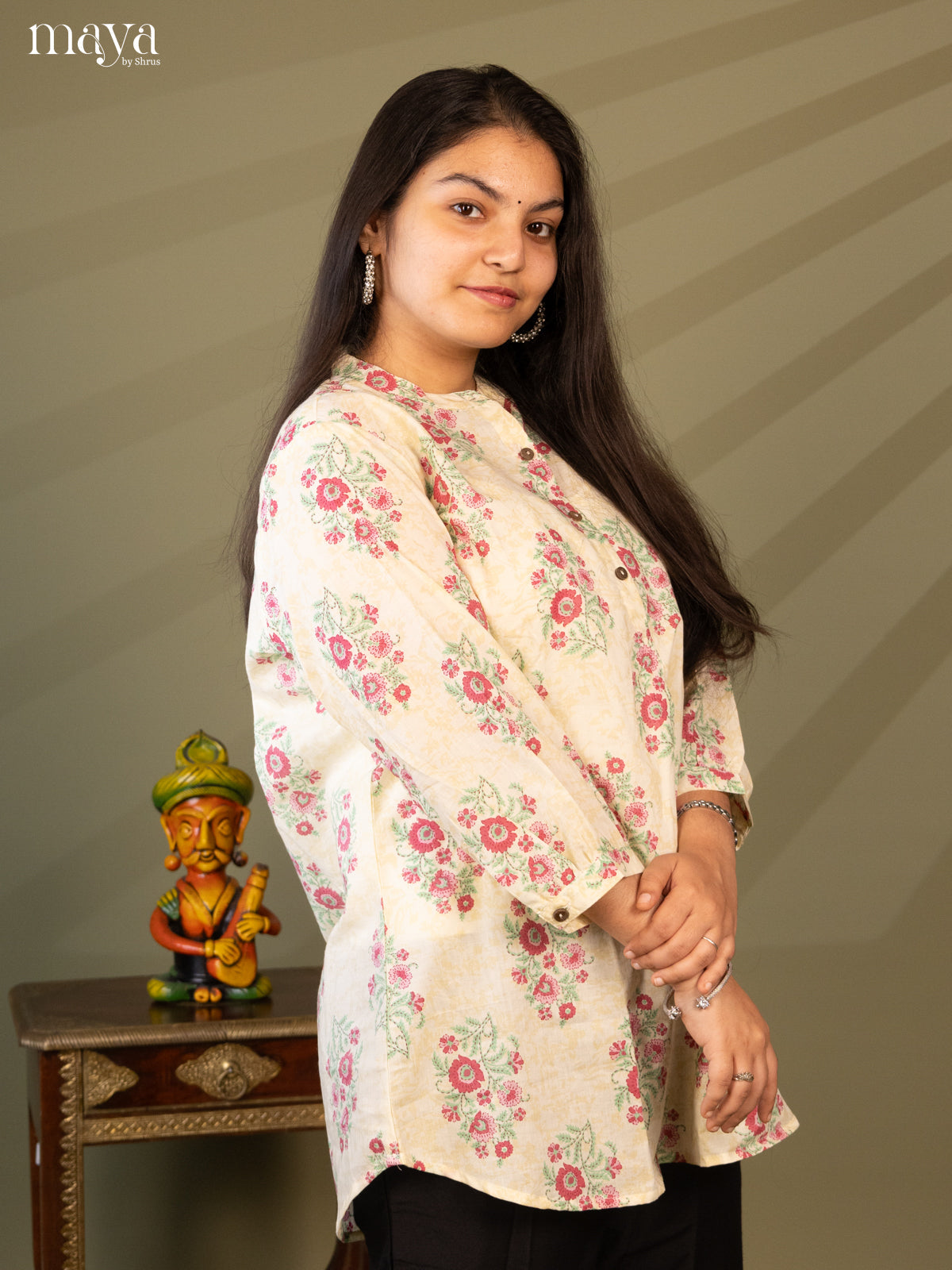 Floral Printed Cream Cotton Short Kurti