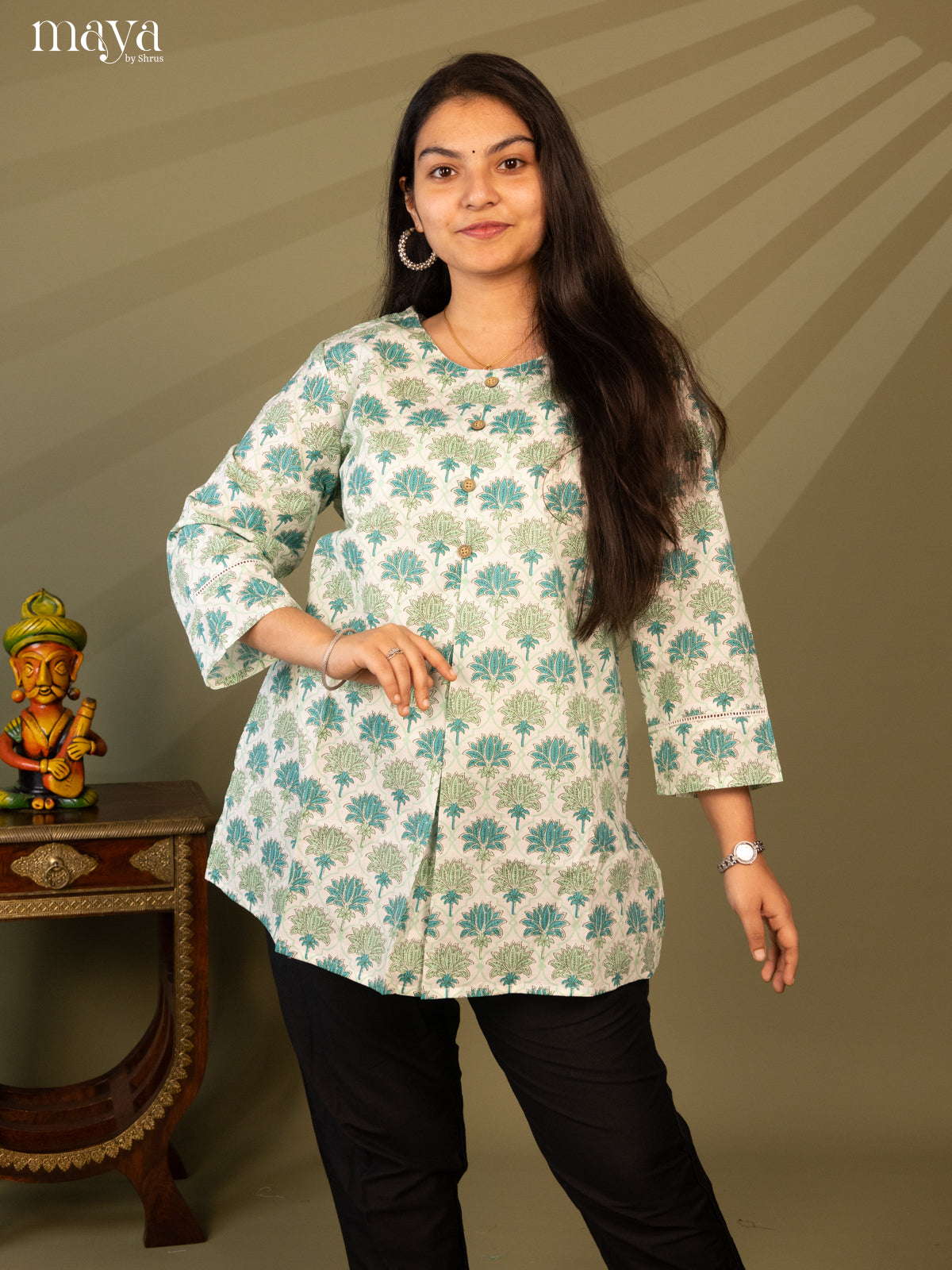 Floral Printed Cream Cotton Short Kurti