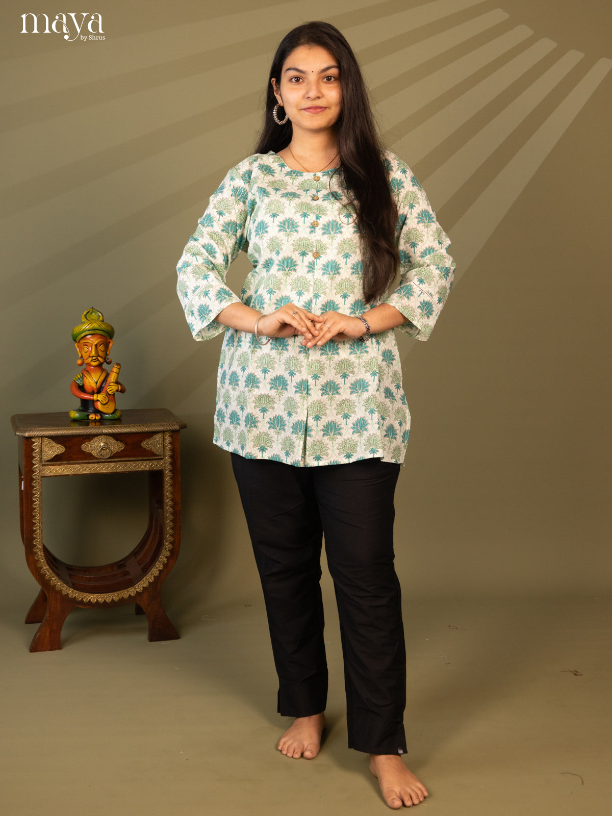 Floral Printed Cream Cotton Short Kurti