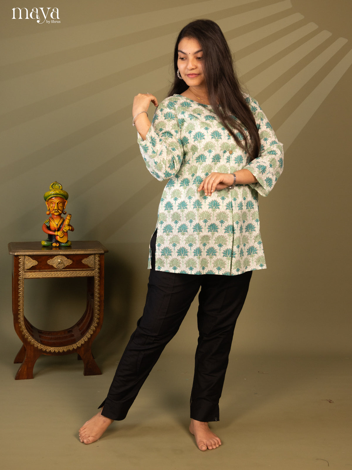 Floral Printed Cream Cotton Short Kurti