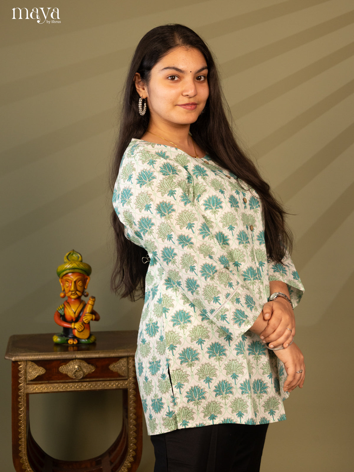 Floral Printed Cream Cotton Short Kurti
