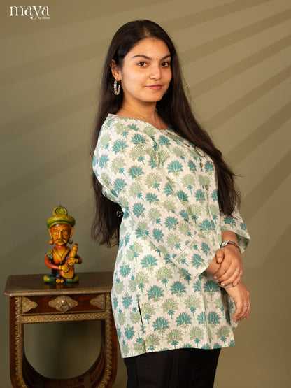Floral Printed Cream Cotton Short Kurti